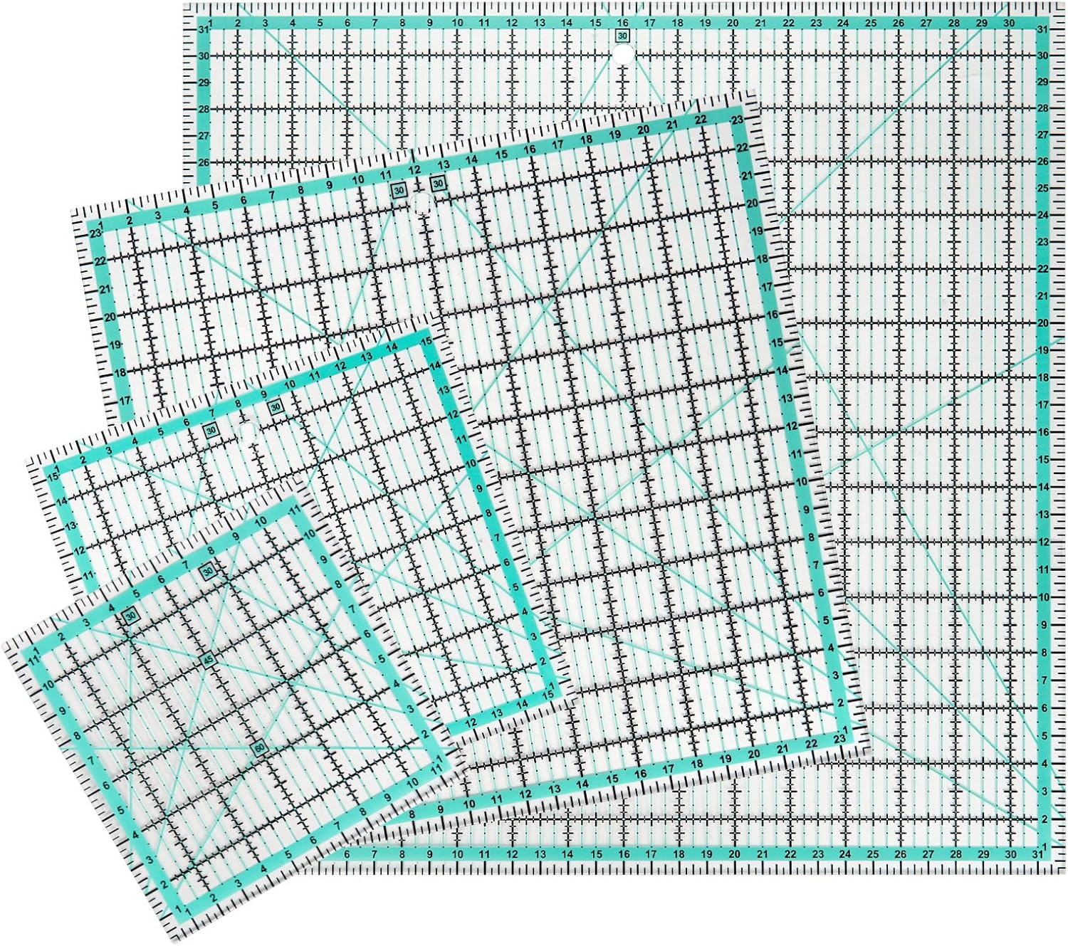 4pcs Square Quilting Ruler (32cm/24cm/16cm/12cm) Sewing Acrylic Ruler Anti-Slip Metric Ruler DIY Quilting Tools with Clear Printed Lines for Precise Cutting