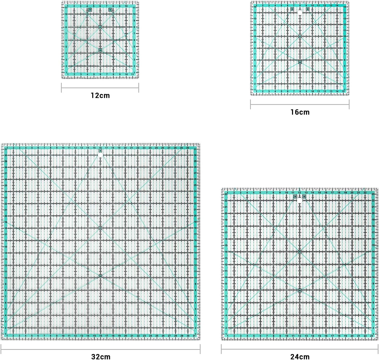 4pcs Square Quilting Ruler (32cm/24cm/16cm/12cm) Sewing Acrylic Ruler Anti-Slip Metric Ruler DIY Quilting Tools with Clear Printed Lines for Precise Cutting - Image 2
