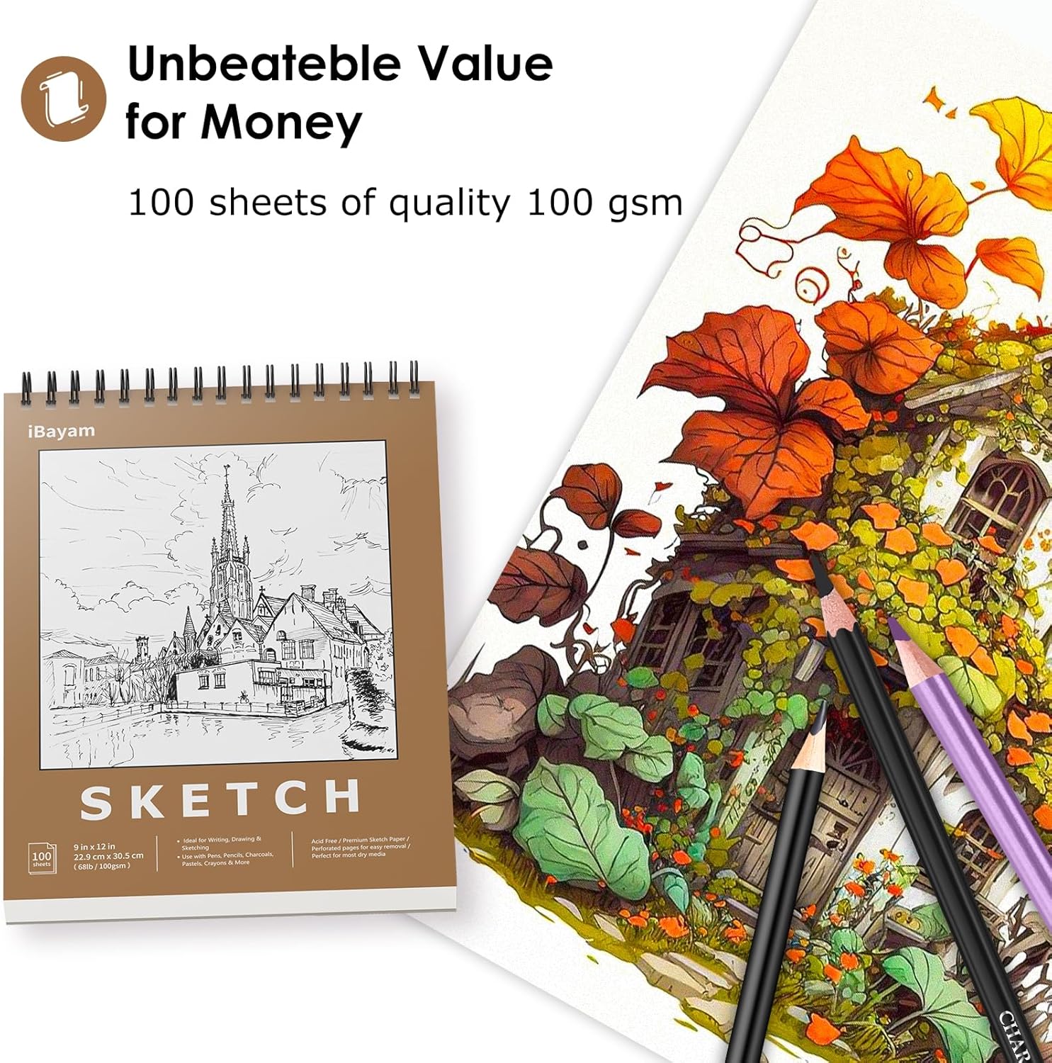 iBayam Sketch Book 9" x 12", Spiral Bound Sketchbook for Kids Teens Adults Artists Beginners, School Supplies Art Supplies,100 Sheets (68lb/100gsm) Premium Drawing Pad for Sketching Writing Painting - Image 5