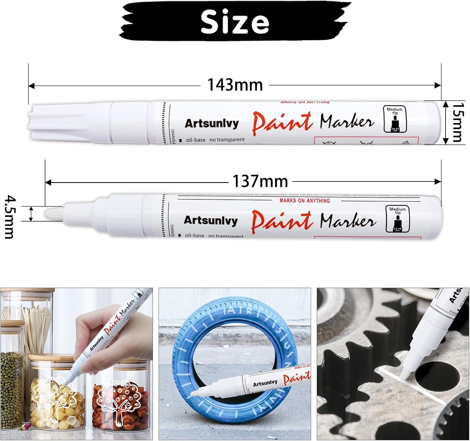 White Paint Pens marking pens Permanent Markers - 2 Pack Oil Based Waterproof Markers for Tire, Rubber,Wood, Rocks, Metal, Canvas,Plastic, Dark Surface,Craft office Supplies,Medium Point - Image 3