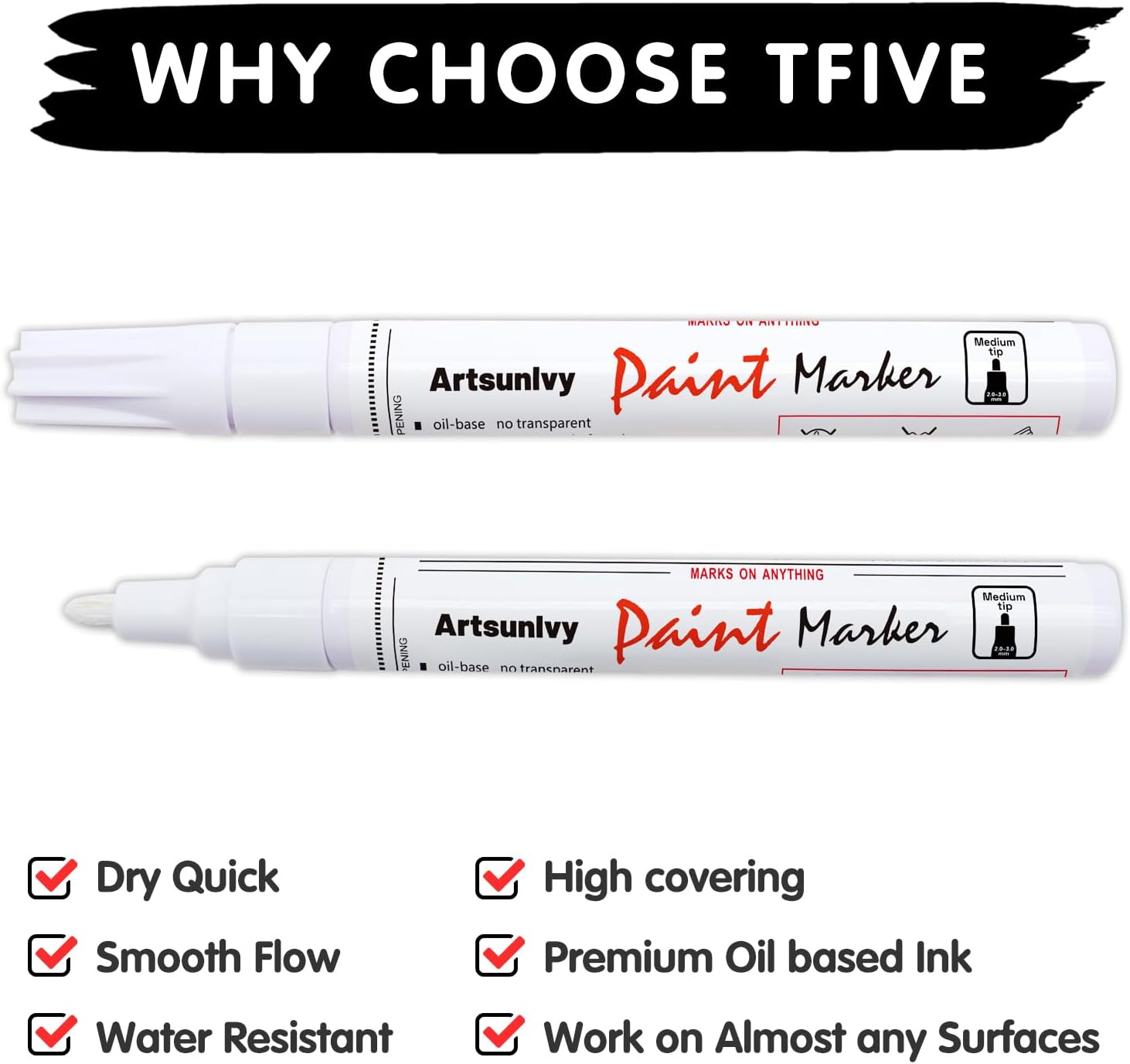 White Paint Pens marking pens Permanent Markers - 2 Pack Oil Based Waterproof Markers for Tire, Rubber,Wood, Rocks, Metal, Canvas,Plastic, Dark Surface,Craft office Supplies,Medium Point - Image 4